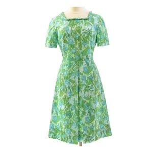 60s Vintage Green Watercolor Floral Tea Dress Size M Pleated Garden Cottagecore